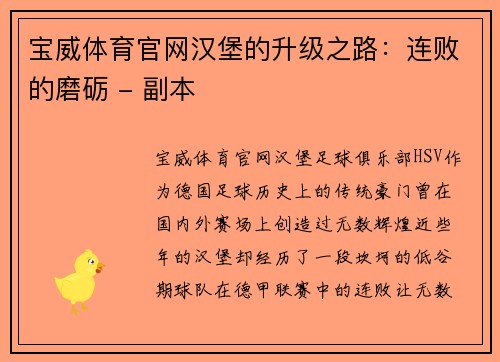 宝威体育官网汉堡的升级之路：连败的磨砺 - 副本